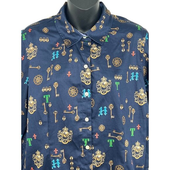 Tommy Hilfiger Women Large Button Up Collar Blouse Top Royal Crest Key Navy - Picture 4 of 9